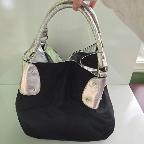 Attention Black Silver Convertible Designer Inspired Large Tote Bag - Picture 4 of 10